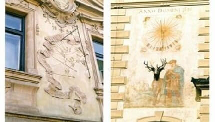 На лівомузнімку – малознайомий вид годинника на північно-західній стіні у Відімі. Мотив сонячного годинника слід обирати обачно і прагнути уникнути явної халтури. На правому знімку – годинник у Відімі, округ Мелнік